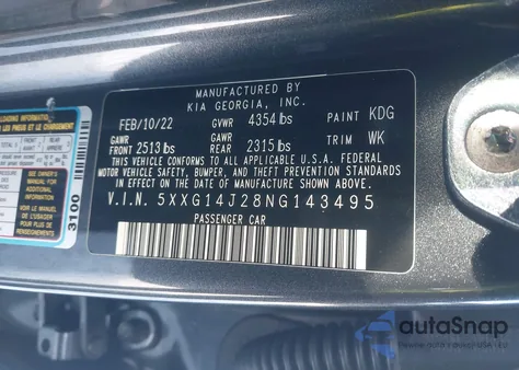 2022 Kia K5 Lxs from USA, damaged, VIN 5XXG14J28NG143495